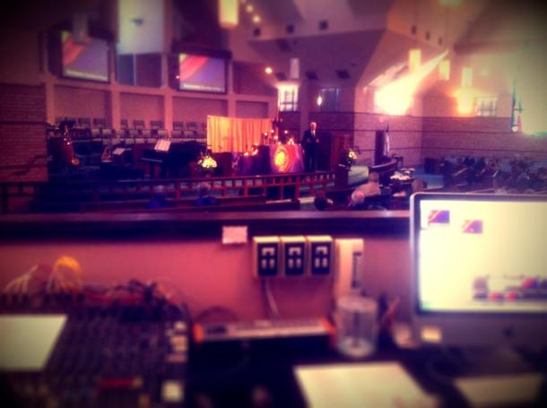 A view from the sound booth at our combined worship service on March 3, 2013.